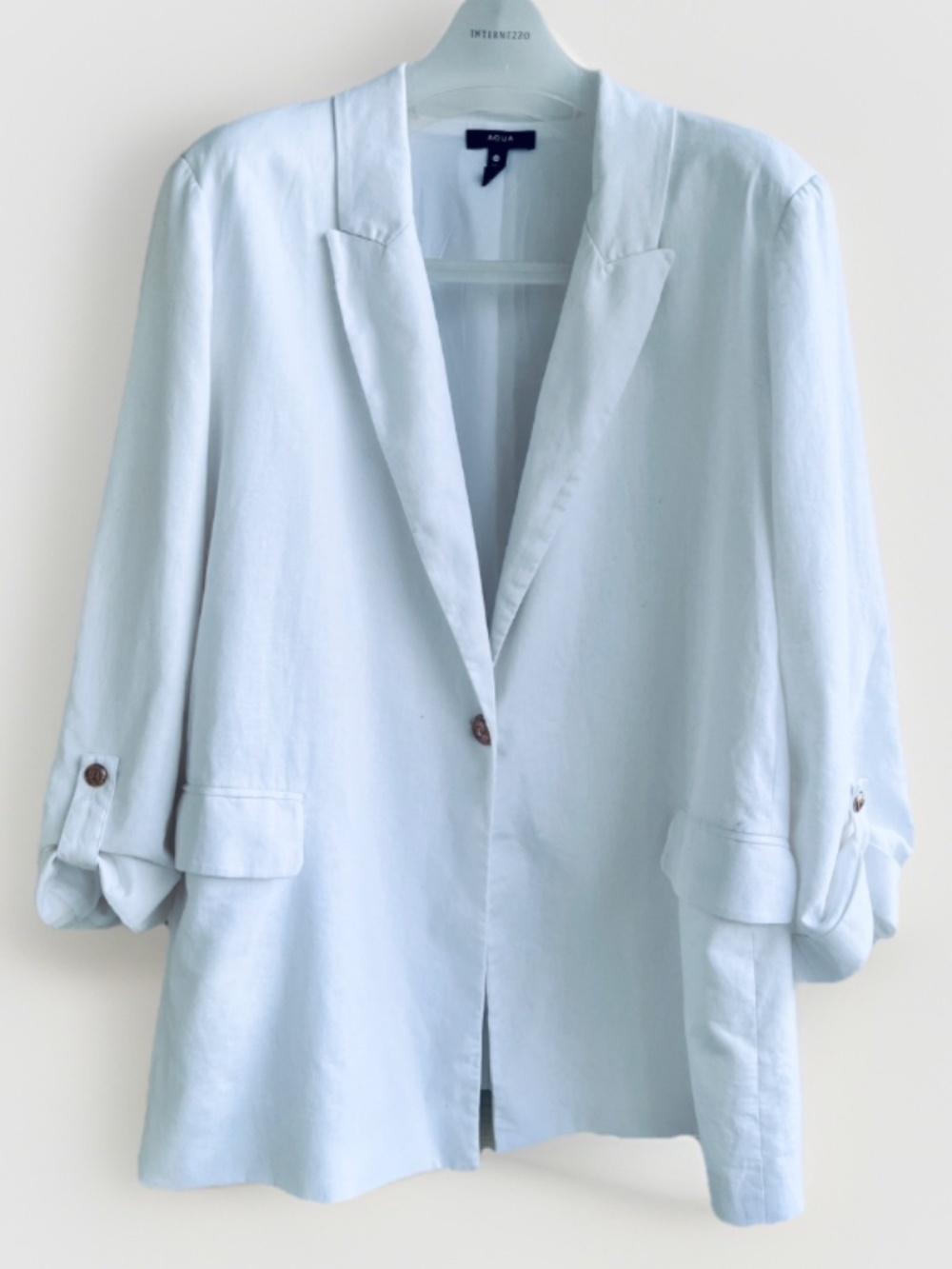 AQUA White 100% Cotton Blazer Jacket Size XL Roll Tab Sleeve Gold Button Summer